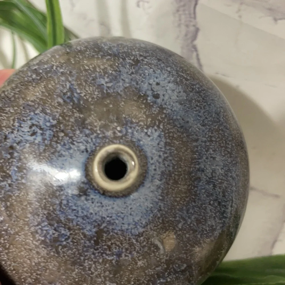 Drip Glaze Ceramic Bud Vase Artist Signed Black & Blue Bulbous Single Stem